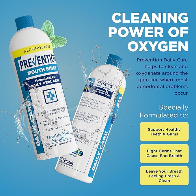 Prevention Daily Care Alcohol-Free Mouthwash, Hydrogen Peroxide Teeth Whitening with Soothing Double Mint for Bad Breath Treatment, Fluoride-Free Gum Care Oral Mouth Rinse 16 oz 1 Pack