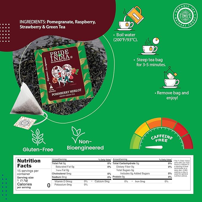 Pride of India | PACK of 6 - PommBerry Merlot Fruity Green Tea | 15 Pyramid Full Leaf Individually Wrapped Tea Bags | Tangy & Fruity Flavor | Vibrant & Uplifting Experience | Caffeine Free