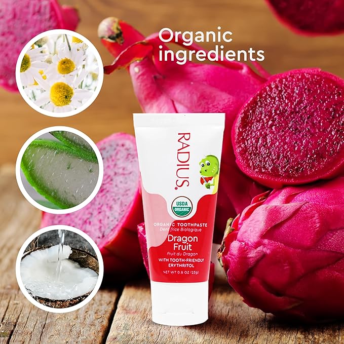 RADIUS USDA Organic Kids Toothpaste 3oz Non Toxic Chemical-Free Gluten-Free Designed to Improve Gum Health for Children's 6 Months and Up - Dragon Fruit - Pack of 6