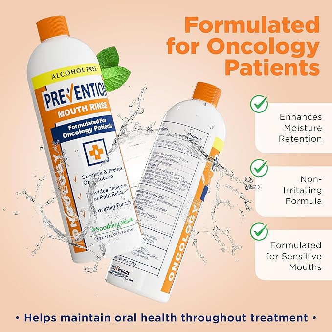 Prevention Oncology Alcohol Free Mouthwash, Soothing, Gentle, & Moisturizing, Mouthsore and Dry Mouth Mouthwash Specially Formulated for Patients Undergoing Oncology Treatment - 16 oz, Value 4-Pack