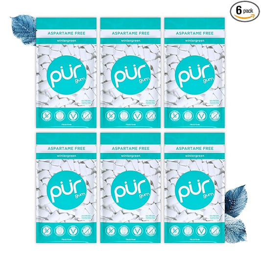 PUR Gum | Aspartame Free Chewing Gum | 100% Xylitol | Natural Wintergreen Flavored Gum, 55 Pieces (Pack of 6)