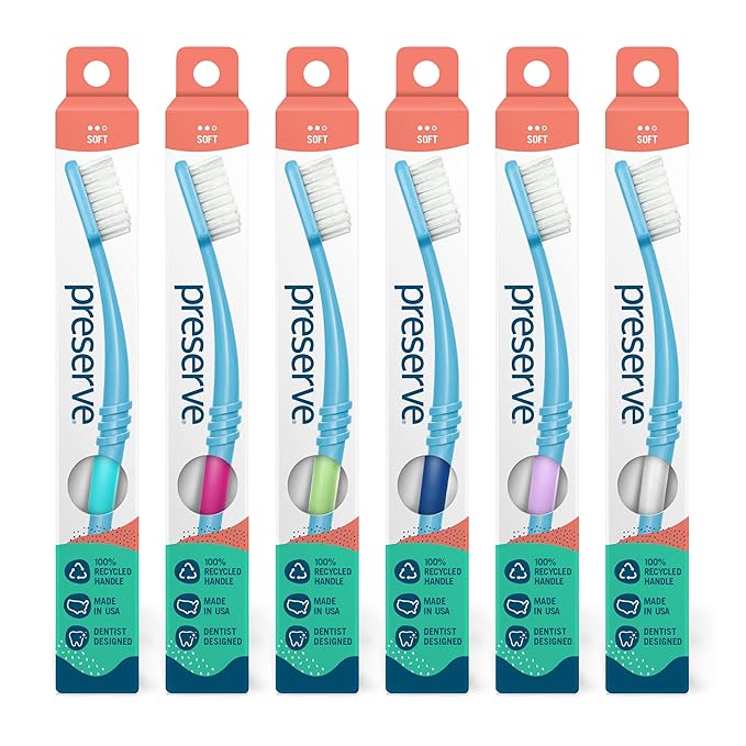 Preserve Eco Friendly Adult Toothbrushes, Made in The USA from Recycled Plastic, Soft Bristles, Paperboard Package, Colors Vary, 6 Count (Soft)