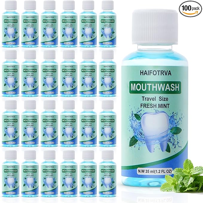 100 Pcs Mini Mouthwash Travel Size Bulk,Blue Portable Mint Flavor Mini Mouthwash Individual 35ml/1.2oz On The Go Mouth Wash Small Bottle for Travel,Office,Toiletry Kits