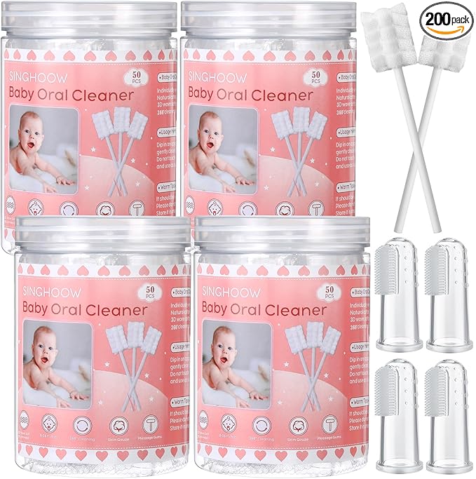 200 Pieces Baby Tongue Cleaner Disposable Infant Oral Cleaner with 4 Pieces Finger Toothbrush Soft Gauze Baby Mouth Newborn for Tooth Mouth Gum Dental Care(Pink)