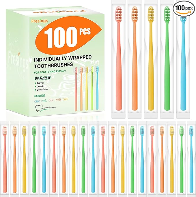 100 Pack Disposable Toothbrushes Bulk – Individually Wrapped Soft Bristles Single Use for Adults & Kids, Travel Hotel Guest Dental Office Donation Emergency Hygiene,Minimalist Design 5 Colors