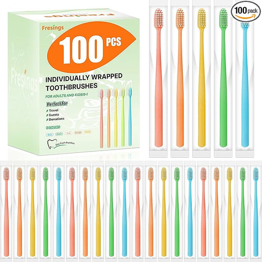 100 Pack Disposable Toothbrushes Bulk – Individually Wrapped Soft Bristles Single Use for Adults & Kids, Travel Hotel Guest Dental Office Donation Emergency Hygiene,Minimalist Design 5 Colors
