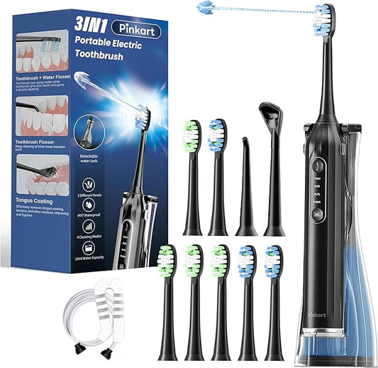 Pinkart 3 in 1 Electric Toothbrush with Water Flosser Combo for Adults, Toothbrush Flosser Combo in One, 8 Brush Heads, Flosser Tip, 180ML Water Tank, Rechargeable Portable Oral Irrigator (Black)