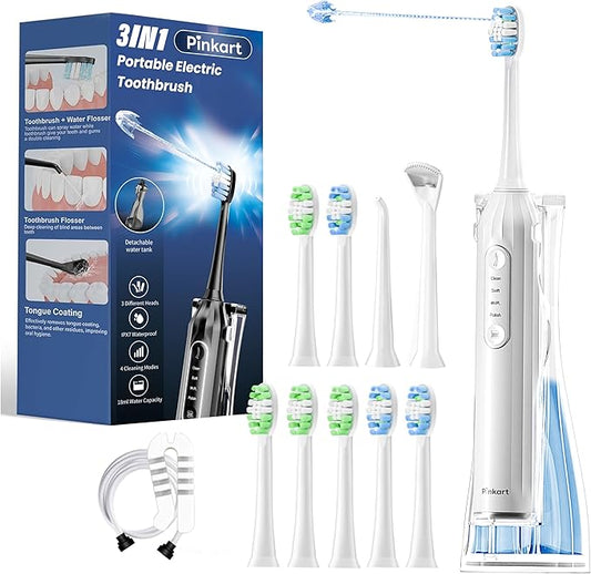 Pinkart 3 in 1 Electric Toothbrush with Water Flosser Combo for Adults, Toothbrush Flosser Combo in One, 8 Brush Heads, Flosser Tip, 180ML Water Tank, Rechargeable Portable Oral Irrigator (White)