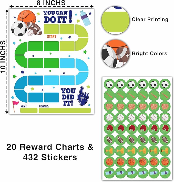 20 Sports Reward Chart with 432 Round Stickers, Incentive Behavior Chart for Kids at Home Classroom, Kids Routine Daily Chore Sticker Chart-B14