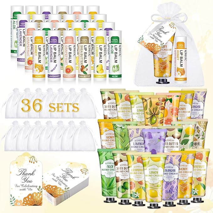 36 Pack Hand Cream Bulk and Lip Balm Bulk Sets, Stocking Stuffers for Women, Thank You Gifts and Christmas Gifts for Guests with Thank You Card Organza Bags, Birthday Gifts, Bulk Gifts, Small Gifts