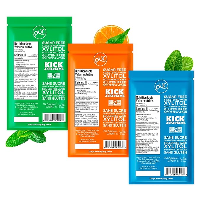 PUR Mints | Aspartame Free Breath Mints | Made with Xylitol | Sugar Free, Vegan, Gluten Free | Natural Flavor, Variety Pack | 65 Pieces in Re-Sealable pouch (Pack of 3)