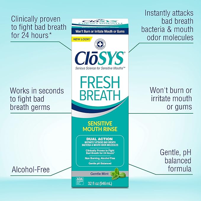 CloSYS Sensitive Mouthwash, 32 Ounce, 2 Count, Gentle Mint, Alcohol Free, Dye Free, pH Balanced, Helps Soothe Mouth Sensitivity, Fights Bad Breath