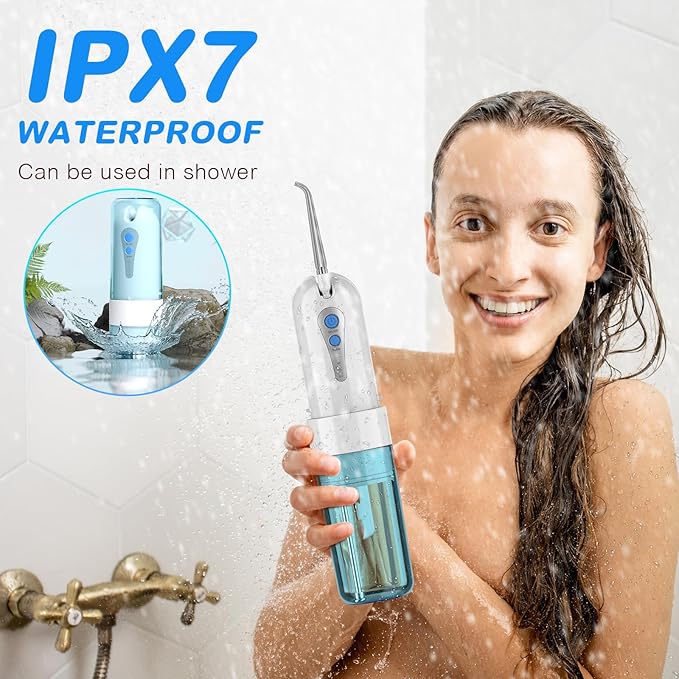 Water Dental Flosser for Teeth Cleaning and Flossing with Travel Size Case – Rechargeable Oral Irrigator, KOOVON Portable Water Flosser for Adults, IPX7 Waterproof, 5 Jet Tips & 4 Modes, Blue