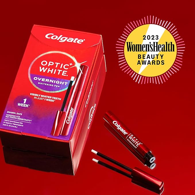Colgate Optic White Overnight Teeth Whitening Pen, Hydrogen Peroxide Teeth Whitening Pen, Visibly Whiter Teeth in Just 1 Week When Used as Directed, 21 Whitening Treatments, 0.08 fl oz