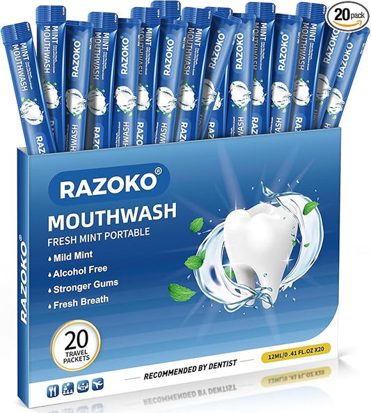 RAZOKO Mouthwash Travel Size-Portable Fresh Mint Packets,Alcohol & Fluoride Free Mouthwash,Disposable Oral Care Strips