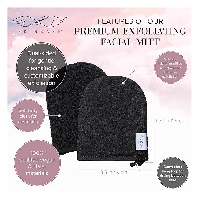 Seraphic Skincare Premium Exfoliating Facial Mitt 2 Pack – 100% Vegan Dual-Sided Face Mitten with Viscose & Washcloth – Facial Scrub Pad for Gentle Cleansing & Exfoliation – Natural Dead Skin Remover