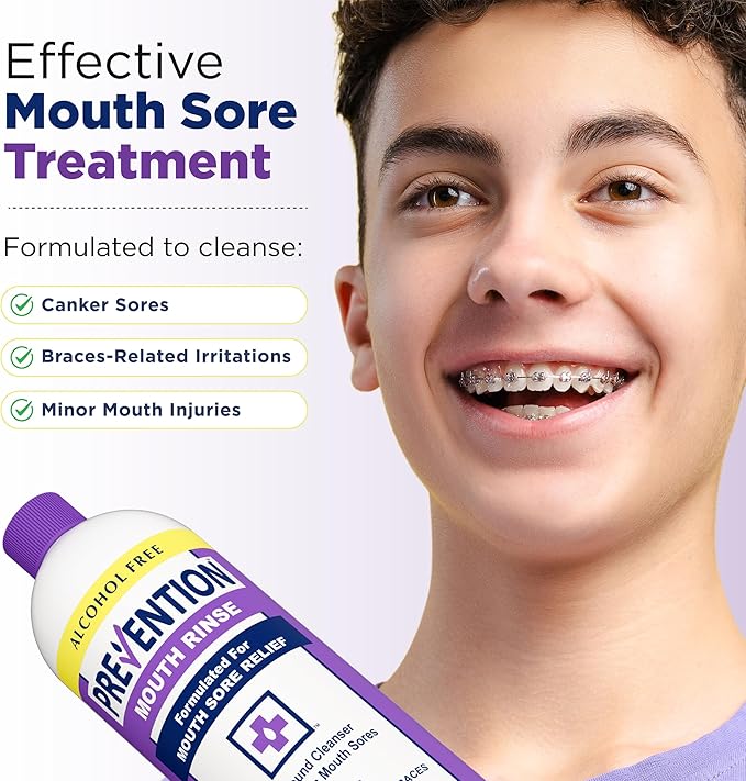 Prevention Mouth Sore Mouth Rinse, Canker Sore Treatment, Oral Pain Relief Mouthwash for Ulcers and Sores, Braces, with Hydrogen Peroxide, Alcohol-Free, Fluoride Free, 16 oz, Soothing Mint, 4 Pack