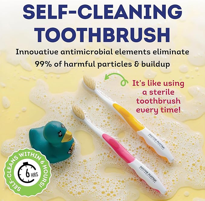 MOUTHWATCHERS Soft Childrens Flossing Manual Toothbrush, 1 Pink and 1 Blue Toothbrushes for Kids & Teens, Ultra Clean, by Dr. Plotka's