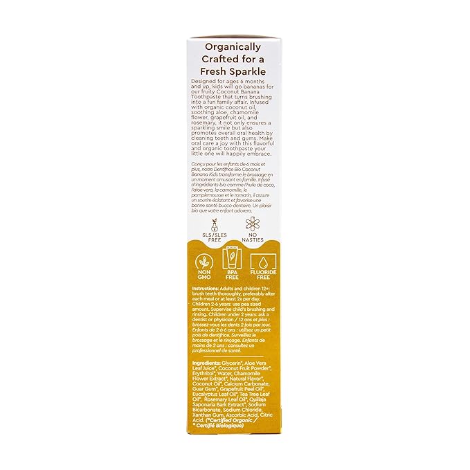 RADIUS USDA Organic Kids Toothpaste 3oz Non Toxic Chemical-Free Gluten-Free Designed to Improve Gum Health for Children's 6 Months and Up - Coconut Banana - Pack of 6