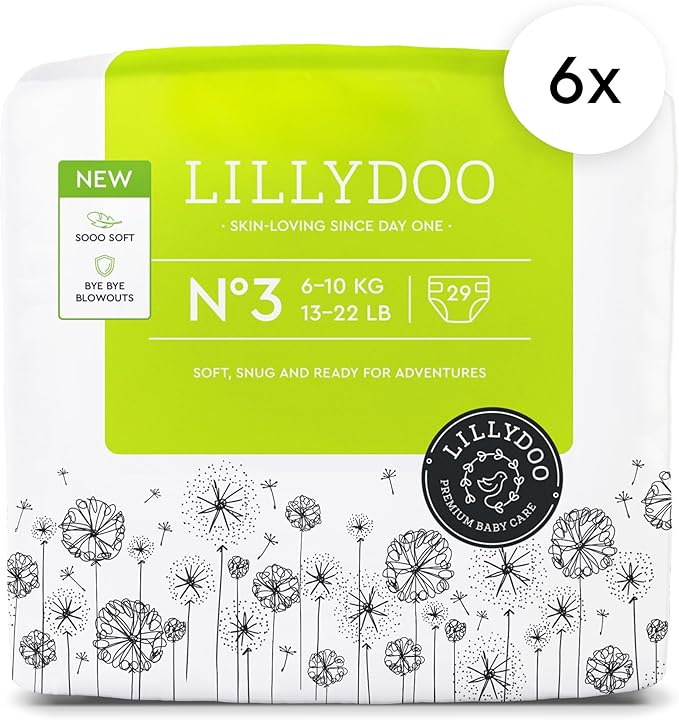 LILLYDOO Baby Diapers - Size 3 (13-22 lbs), Monthly Supply (174 Count), Leak Protection, Skin-Friendly, Ultrasoft, Perfume- & Chlorine-Free, Hypoallergenic, dermatologically Tested, Oeko-TEX®