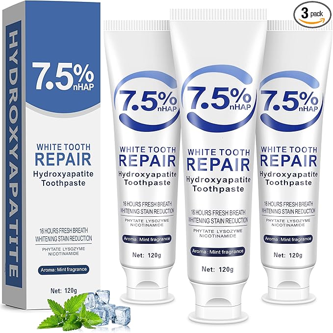 7.5% Hydroxyapatite Toothpaste-Enamel Protection and Tooth Strengthening, Fluoride-Free Safe, Nano Hydroxyapatite Toothpaste Stain Removal, Whitening Tooth, Gentle Mint, Fresh Breath 3pcs