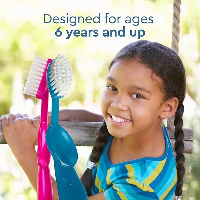 RADIUS Children's Toothbrush, Kids Brush, Extra Soft Bristles, Right Handed, Green/Blue/Orange, BPA Free & ADA Accepted, Designed to Clean Delicate Teeth & Gums for Children 6 Years & Up, Pack of 3