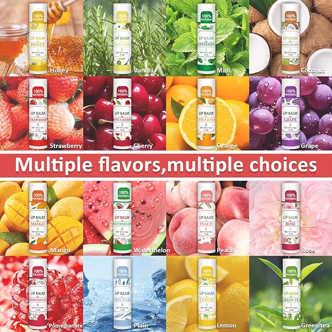128 Pack Lip Balm, Natural Lip Balm Bulk with Vitamin E and Coconut Oil, Bulk Moisturizing Lip Balms for Dry Lips-16 Flavors