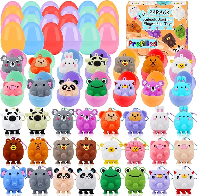 24 Pack Prefilled Easter Eggs with Animal Pop Toys, Filled Easter Eggs for Egg Hunt, Easter Basket Stuffers for Kids,Easter Party Favors Prizes, Prefilled Easter Eggs with Toys