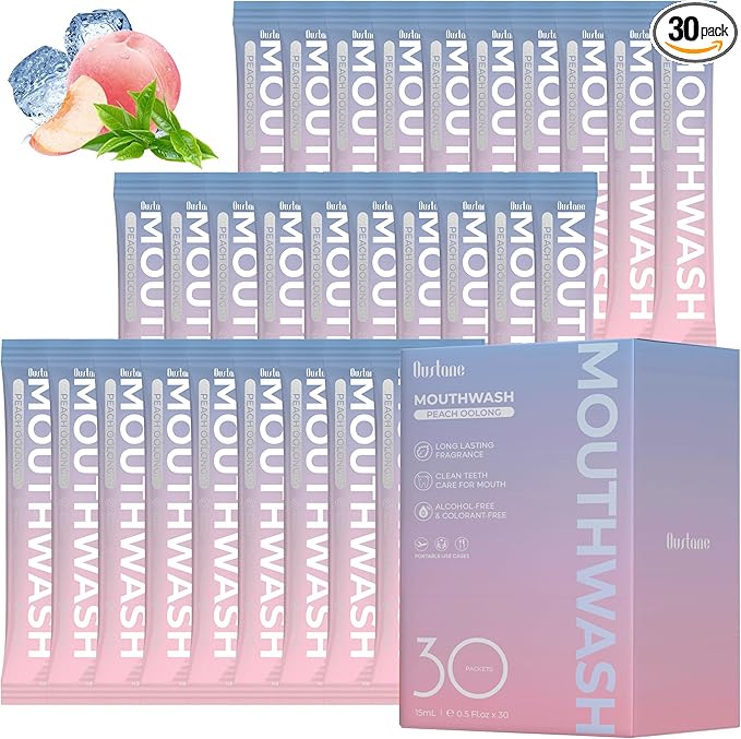 Travel Size Mouthwash, Peach Oolong Flavor, Alcohol-Free, 30-Pack Portable Packets, 0.5 Fl Oz Each, Long-Lasting Freshness (30)