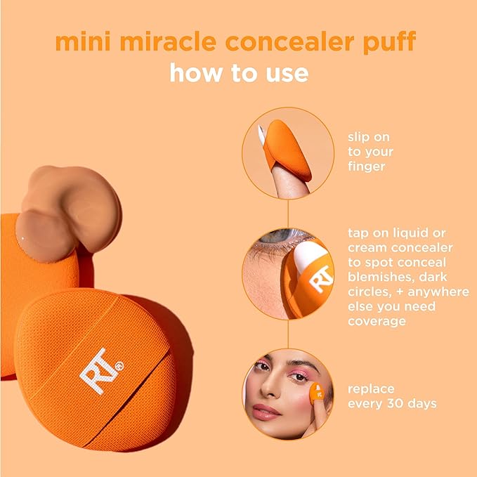 Real Techniques Mini Miracle Concealer Puff Trio, Small Makeup Puff For Liquid & Cream Foundation & Concealer, Targeted Concealing, Travel Friendly & Reusable, Vegan & Cruelty Free, 3 Count