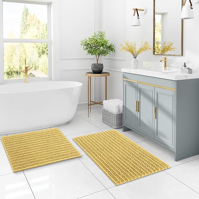 Arotive Luxury Chenille Bathroom Rug Mat, Extra Soft Thick Absorbent Shaggy Bath Rugs, Non-Slip Machine Wash Dry, Plush Bath Mats for Bathroom, Shower and Tub, 59x35, Yellow