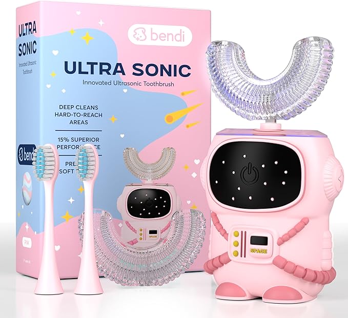 Bendi Sensory 360 Round U-Shaped Astronaut Design Mouthguard Electric Toothbrush for Kids Ages 2-7 - Automatic Memory Function - 5 Modes Toothbrush with Multiple Heads – Kids Travel Essentials (Pink)