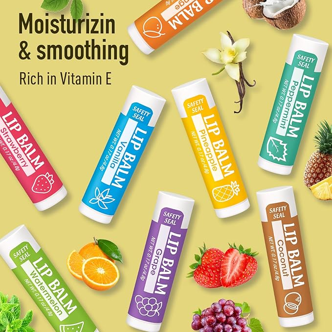 128 Pack Lip Balm, Natural Lip Balm Bulk with Vitamin E and Coconut Oil, Moisturizing Lip Balms for Dry Cracked Lips, Lip Balms for Stocking Stuffers - 8 Flavors