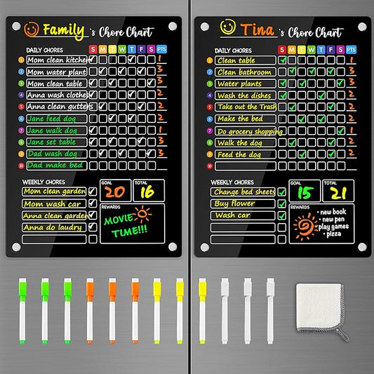 PigPotParty Black Acrylic Magnetic Chore Chart for Multiple Kids, 12"x16" Reward Responsibility Chart, 2 Pcs Daily Weekly Dry Erase Fridge Chore Board Checklist for Teens Adult, w/ 12 Markers & Towel