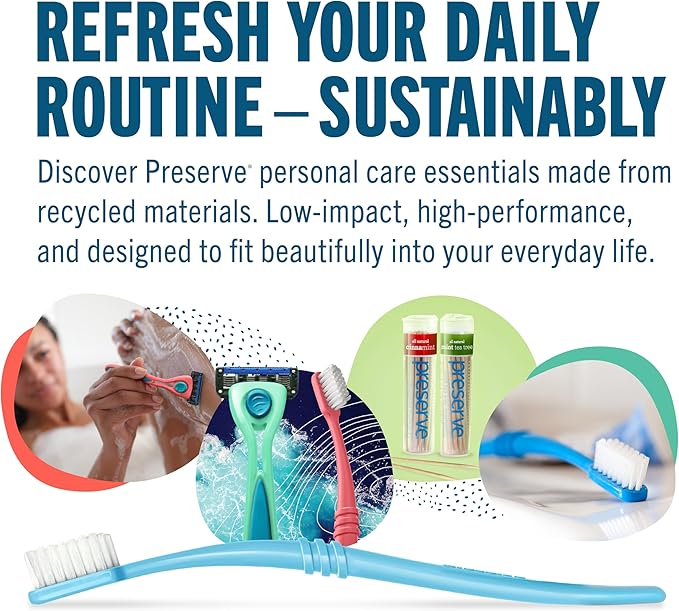 Preserve Eco Friendly Adult Toothbrushes, Made in The USA from Recycled Plastic, Lightweight Paper Packaging, Ultra Soft Bristles, Colors Vary, 3 Count