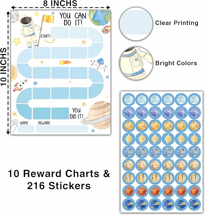 10 Outer Space Astronaut Reward Chart with 216 Round Stickers, Incentive Behavior Chart for Kids at Home Classroom, Kids Routine Daily Chore Sticker Chart-A17