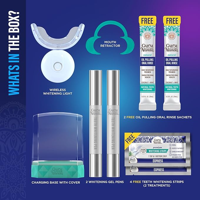 GuruNanda Professional Teeth Whitening Wireless Kit with LED Light & Whitening Pen, Helps Remove Surface Stains from Coffee, Food, Soda, 40 Treatments