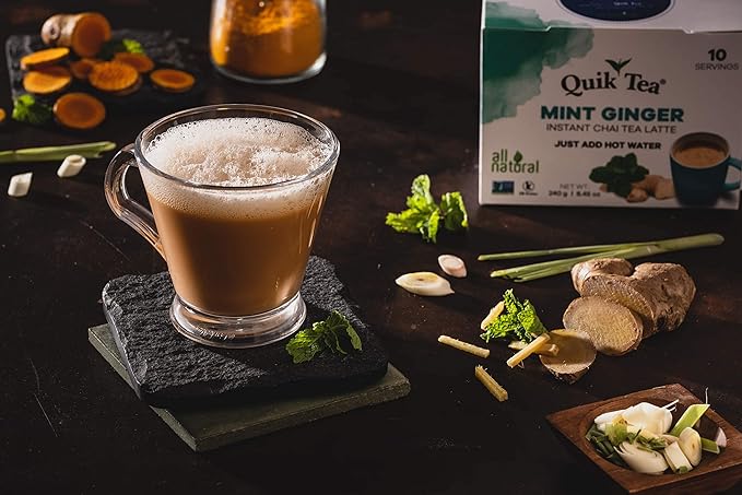 QuikTea Ginger Chai Tea Latte – 10 Count, Bold Ginger Flavor, no preservatives – Just Add Hot Water