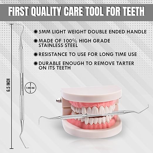 Professional Dental Tools Tartar Scraper for Dentist, Personal Use and Pets Stain Plaque Remover for Teeth, Premium Oral Care Double Ended Dental Probe Scaler | Stainless Steel