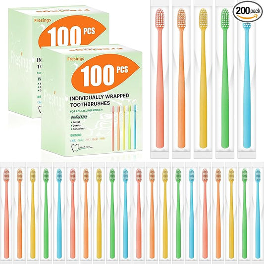 200 Pack Disposable Toothbrushes Bulk – Individually Wrapped Soft Bristles Single Use for Adults & Kids, Travel Hotel Guest Dental Office Donation Emergency Hygiene,Minimalist Design 5 Colors