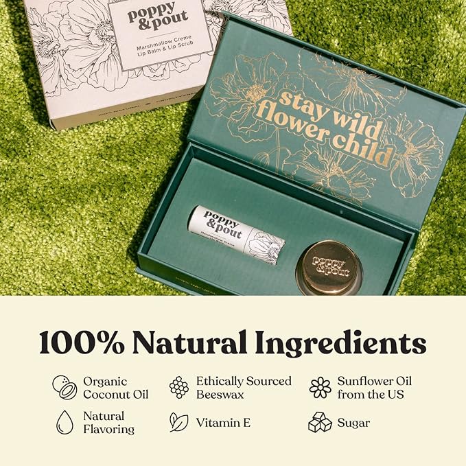 Poppy & Pout Lip Care Set | Lip Balm & Scrub | Sustainable Cardboard Tubes & Glass Jars, All Natural, Beeswax, Coconut Oil, Cruelty Free, Exfoliating & Moisturizing Lip Treatment (Wild Honey)