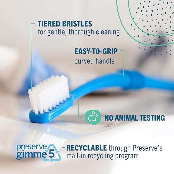 Preserve Eco Friendly Adult Toothbrushes, Made in The USA from Recycled Plastic, Lightweight Paper Packaging, Soft Bristles, Colors Vary, 3 Count