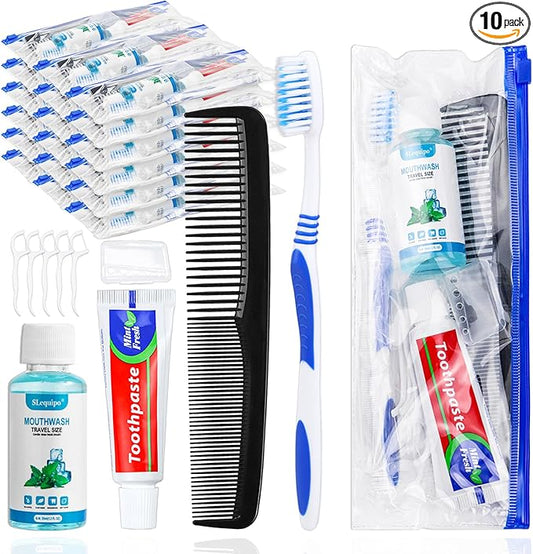 10 Set Travel Toothbrush Kit Bulk,Disposable Toothbrush with Toothpaste Set with Mouthwash,Toothpaste,Cover,Comb,Zip Bag,Floss Picks,Toothbrushes Set for Homeless,Travel