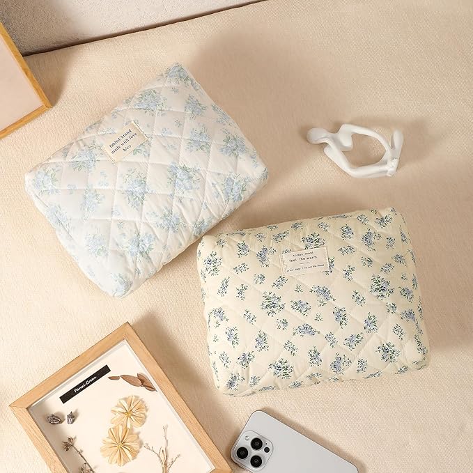 Quilted Cotton Makeup Bag 2Pcs Coquette Cosmetic Bag,Large Soft Floral Travel Toiletry Bag for Women and Girls(02 Blue flower)