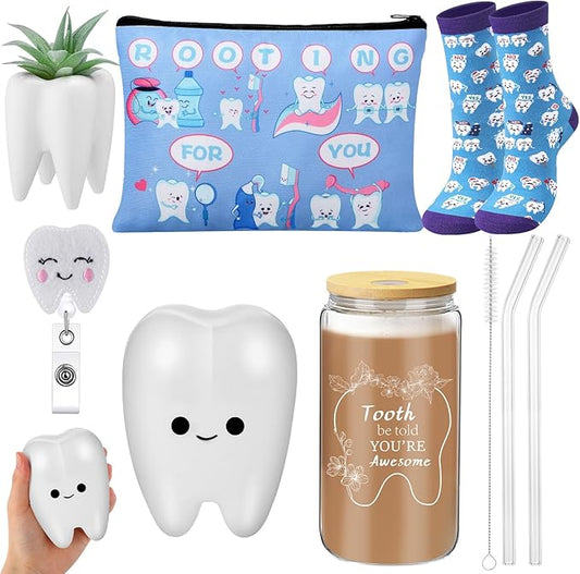 Pickmesh 6 Pcs Dental Gifts Dentist Assistant Hygienist Gifts 16 oz Glass Cups with Lid Makeup Bag Socks Badge Holder Tooth Brush Pot for Women Coworkers Doctor Nurse Christmas Accessories(Gray Blue)