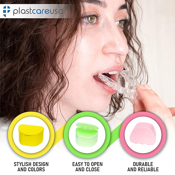 PlastCare USA Yellow Denture Cases Pack of 5 - Dental Box For Artificial Teeth, Mouth Guard, Night Guard, Gum Shields, Retainer - Denture Bath Container for Women and Men - Travel Denture Cup