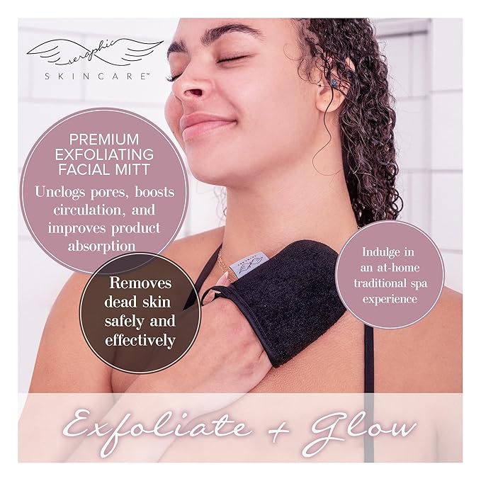 Seraphic Skincare Premium Exfoliating Facial Mitt 2 Pack – 100% Vegan Dual-Sided Face Mitten with Viscose & Washcloth – Facial Scrub Pad for Gentle Cleansing & Exfoliation – Natural Dead Skin Remover