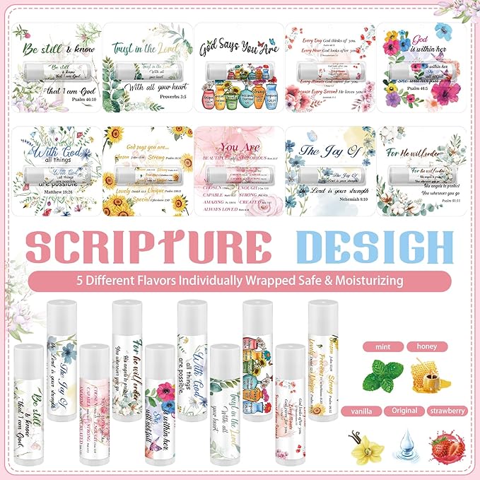 30 Pack Christian Religious Gifts Bulk Bible Verse Lip Balms 5 Flavor for Women Men Christian Religious Church Party Favors with Scripture Inspirational Gifts for Coworkers Staff