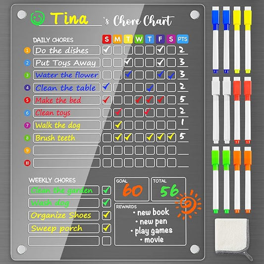 PigPotParty Acrylic Magnetic Chore Chart for Kids, 12"x16" Reward Responsibility Chart, Chores Checklist, 1 Weekly Dry Erase Fridge Board for Teens Adult Family Multiple Kids, w/ 12 Markers & Towel