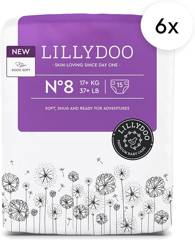 LILLYDOO Baby Diapers - Size 8 (37+ lbs), Monthly Supply (90 Count), Leak Protection, Skin-Friendly, Ultrasoft, Perfume- & Chlorine-Free, Hypoallergenic, dermatologically Tested, Oeko-TEX®